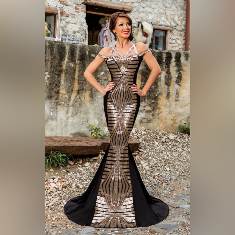 Chanttal Romanian Elegant Black and Gold Sequin Evening Gown